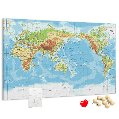 Tablica korkowa Mapa świata z kolorowymi kontynentami.