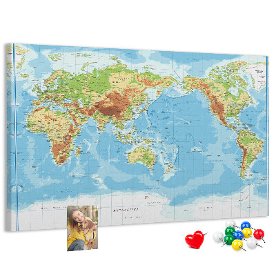 Tablica korkowa Mapa świata z kolorowymi kontynentami.
