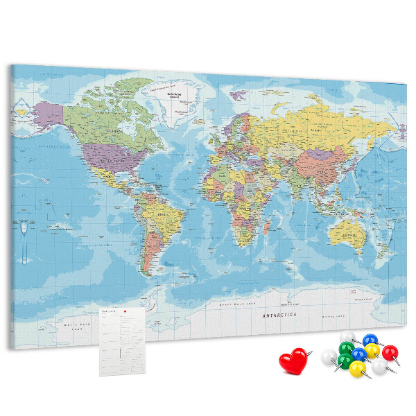 Tablica korkowa Mapa świata z kolorowymi kontynentami.