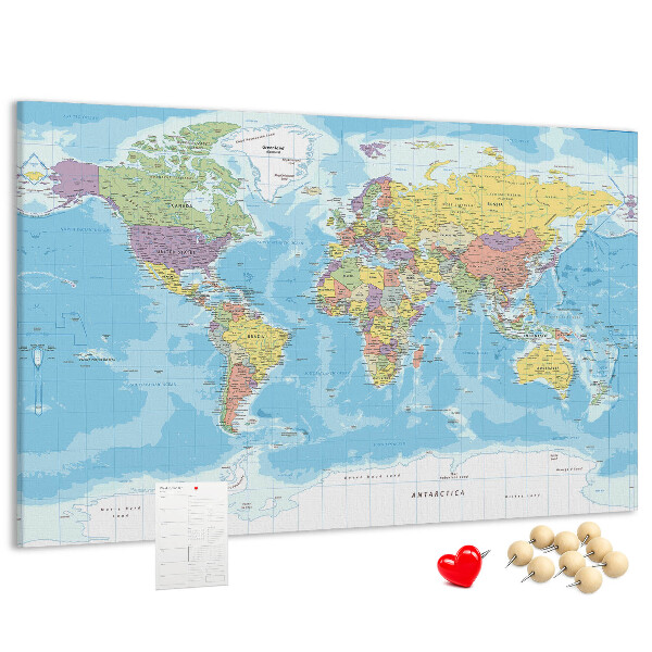 Tablica korkowa Mapa świata z kolorowymi kontynentami.
