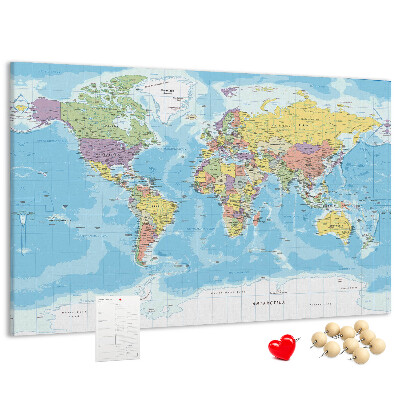 Tablica korkowa Mapa świata z kolorowymi kontynentami.