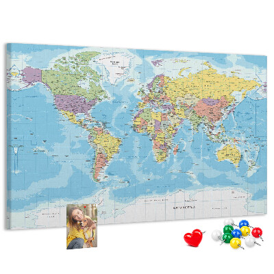 Tablica korkowa Mapa świata z kolorowymi kontynentami.
