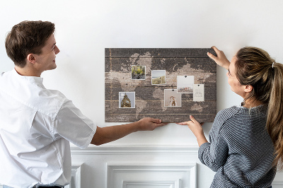 Tablica korkowa ozdobna Mapa świata na drewnianym tle