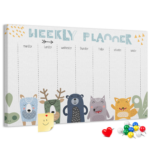 Tablica korkowa z nadrukiem Kolorowy planner tygodniowy z zwierzętami