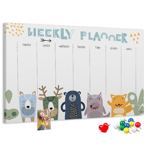 Tablica korkowa z nadrukiem Kolorowy planner tygodniowy z zwierzętami