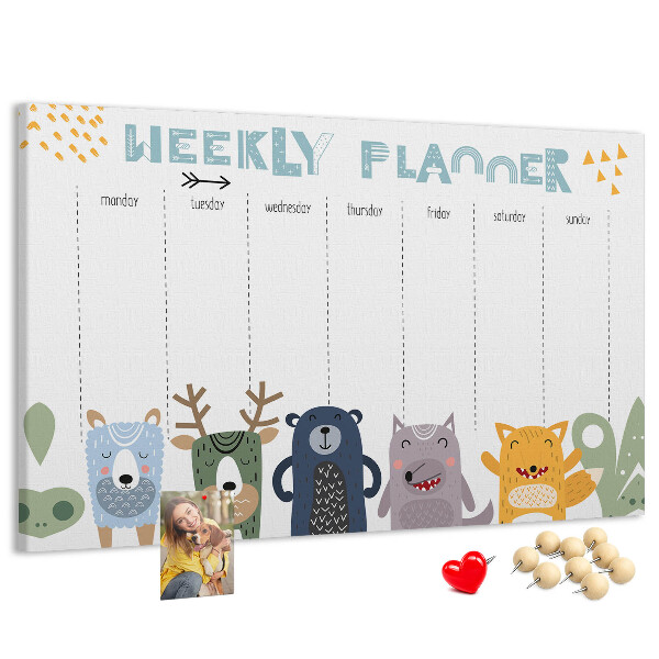 Tablica korkowa z nadrukiem Kolorowy planner tygodniowy z zwierzętami