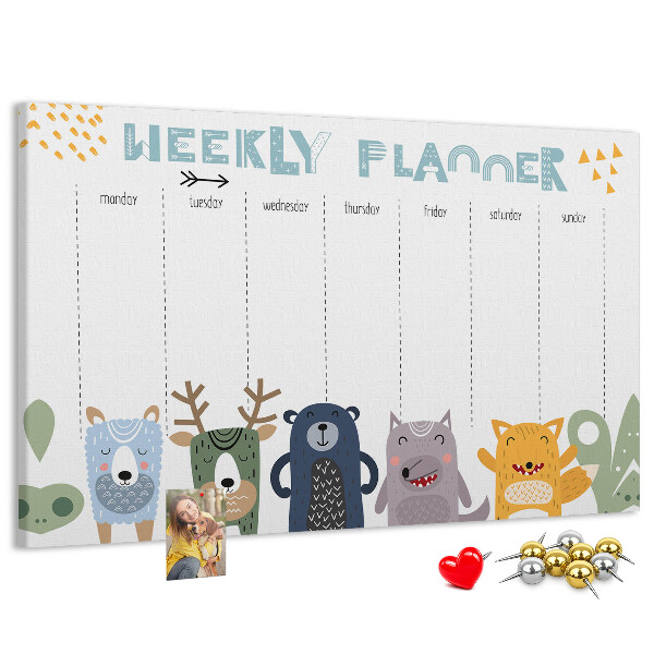 Tablica korkowa z nadrukiem Kolorowy planner tygodniowy z zwierzętami
