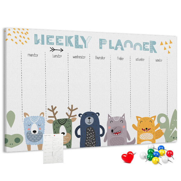 Tablica korkowa z nadrukiem Kolorowy planner tygodniowy z zwierzętami