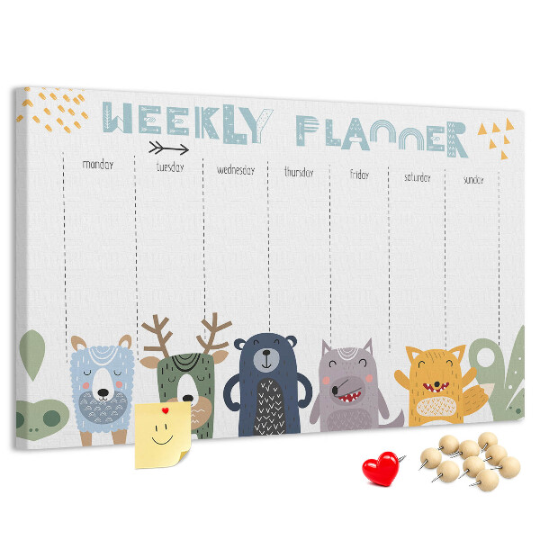 Tablica korkowa z nadrukiem Kolorowy planner tygodniowy z zwierzętami