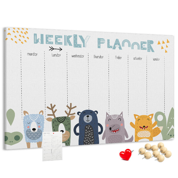 Tablica korkowa z nadrukiem Kolorowy planner tygodniowy z zwierzętami