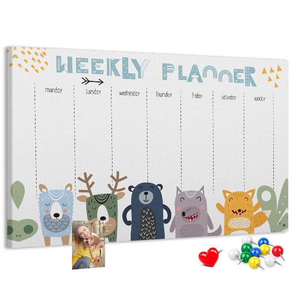 Tablica korkowa z nadrukiem Kolorowy planner tygodniowy z zwierzętami