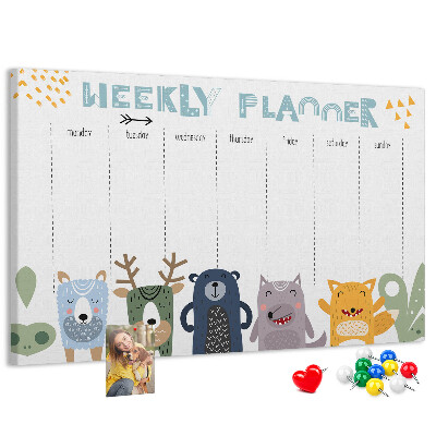 Tablica korkowa z nadrukiem Kolorowy planner tygodniowy z zwierzętami