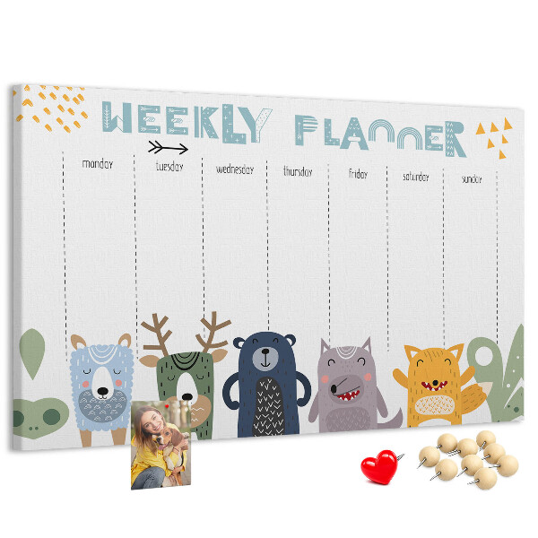 Tablica korkowa z nadrukiem Kolorowy planner tygodniowy z zwierzętami