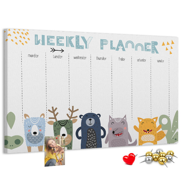 Tablica korkowa z nadrukiem Kolorowy planner tygodniowy z zwierzętami