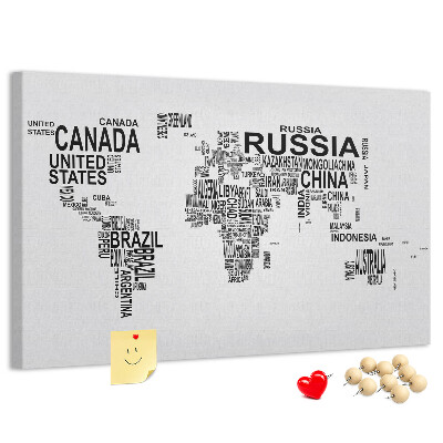 Tablica korkowa Mapa świata z nazwami krajów.