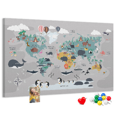 Tablica korkowa Mapa świata z ilustracjami zwierząt.