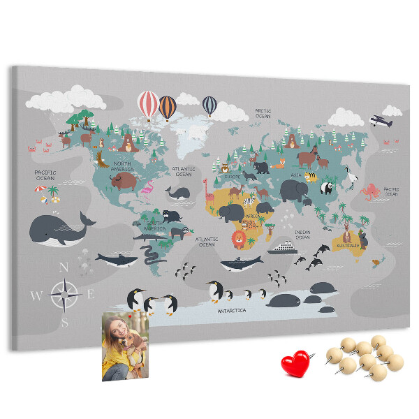 Tablica korkowa Mapa świata z ilustracjami zwierząt.
