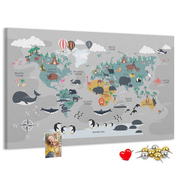 Tablica korkowa Mapa świata z ilustracjami zwierząt.