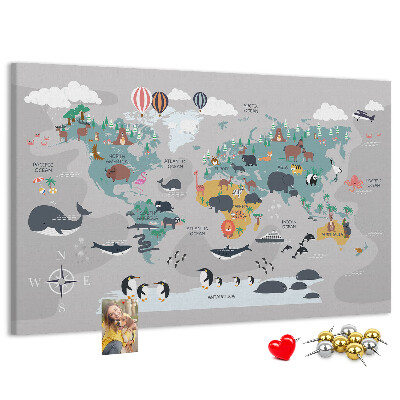 Tablica korkowa Mapa świata z ilustracjami zwierząt.