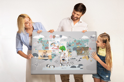 Tablica korkowa Mapa świata z ilustracjami zwierząt.