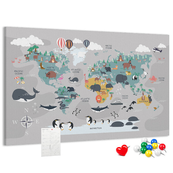 Tablica korkowa Mapa świata z ilustracjami zwierząt.