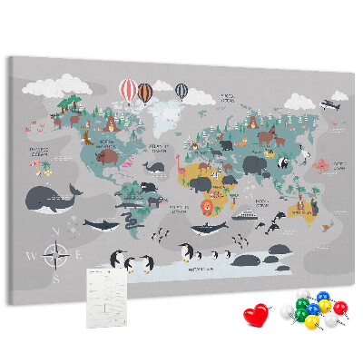 Tablica korkowa Mapa świata z ilustracjami zwierząt.