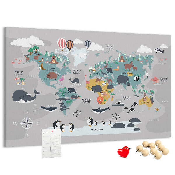 Tablica korkowa Mapa świata z ilustracjami zwierząt.