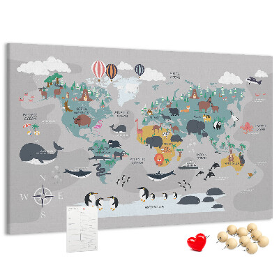 Tablica korkowa Mapa świata z ilustracjami zwierząt.