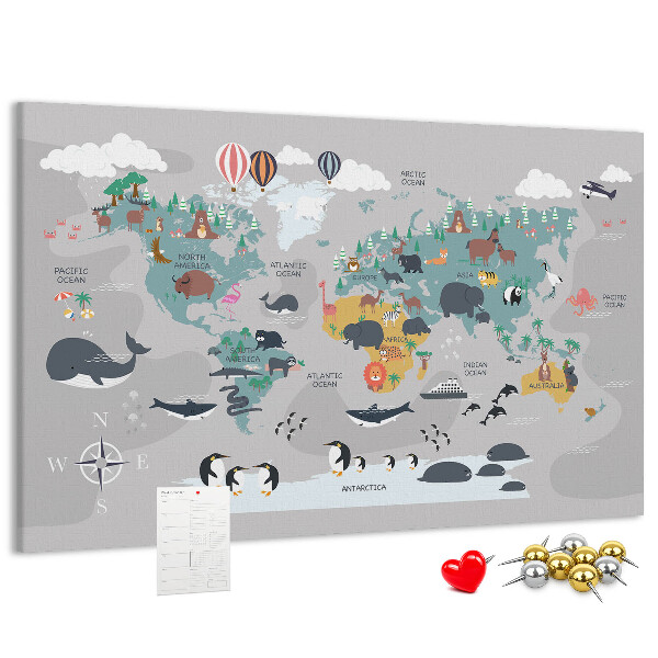 Tablica korkowa Mapa świata z ilustracjami zwierząt.