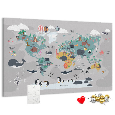 Tablica korkowa Mapa świata z ilustracjami zwierząt.