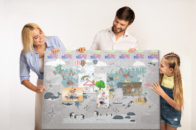 Tablica korkowa Mapa świata z ilustracjami zwierząt.
