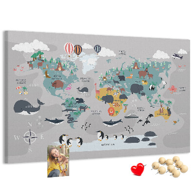 Tablica korkowa Mapa świata z ilustracjami zwierząt.