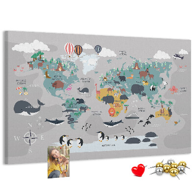 Tablica korkowa Mapa świata z ilustracjami zwierząt.