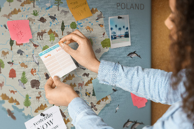 Tablica korkowa z nadrukiem Fauna Polski na kolorowej mapie