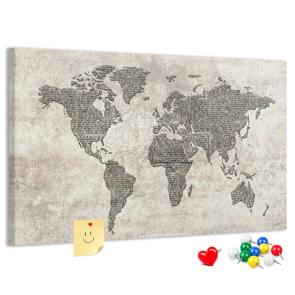 Tablica korkowa ozdobna Mapa świata z teksturą gazety.
