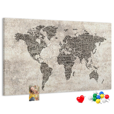 Tablica korkowa ozdobna Mapa świata z teksturą gazety.