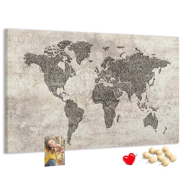 Tablica korkowa ozdobna Mapa świata z teksturą gazety.