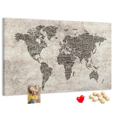 Tablica korkowa ozdobna Mapa świata z teksturą gazety.