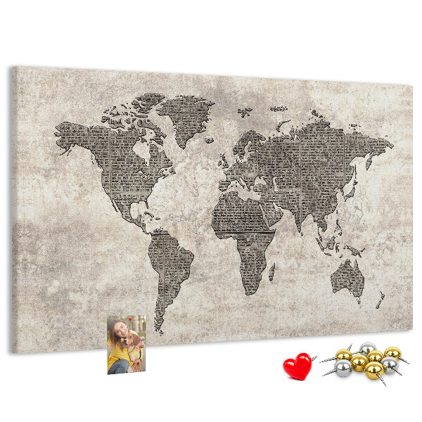 Tablica korkowa ozdobna Mapa świata z teksturą gazety.