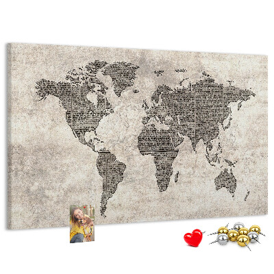 Tablica korkowa ozdobna Mapa świata z teksturą gazety.