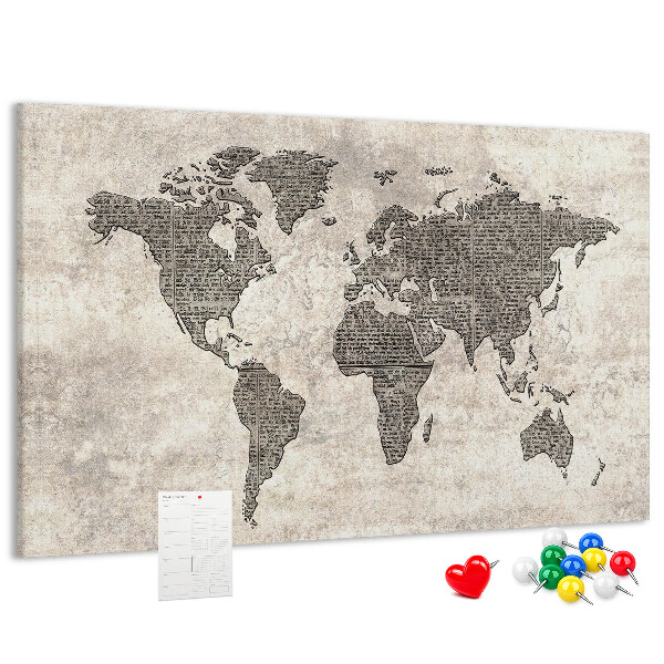 Tablica korkowa ozdobna Mapa świata z teksturą gazety.