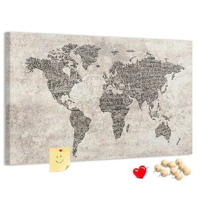 Tablica korkowa ozdobna Mapa świata z teksturą gazety.