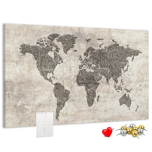 Tablica korkowa ozdobna Mapa świata z teksturą gazety.