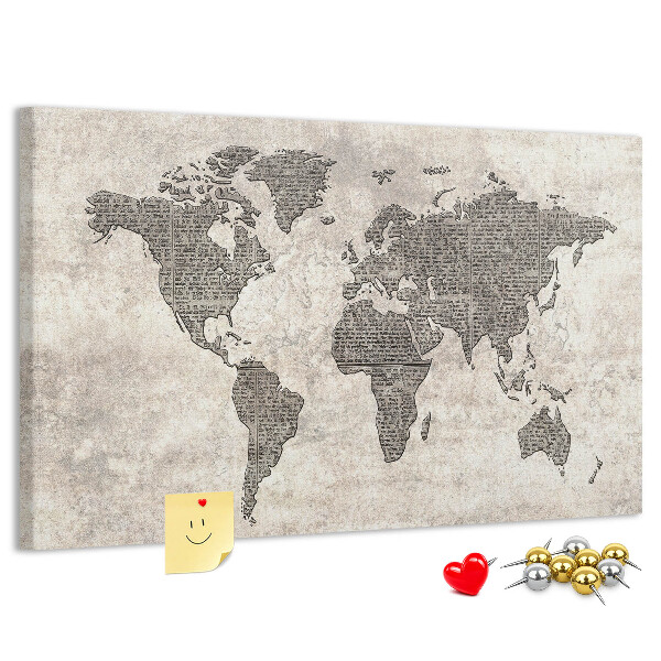 Tablica korkowa ozdobna Mapa świata z teksturą gazety.