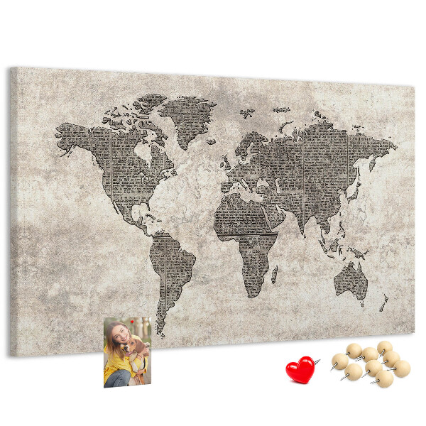 Tablica korkowa ozdobna Mapa świata z teksturą gazety.