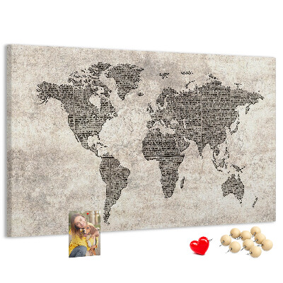 Tablica korkowa ozdobna Mapa świata z teksturą gazety.