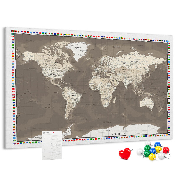 Tablica korkowa Mapa świata z flagami krajów