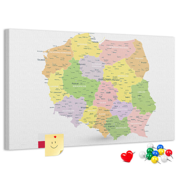 Tablica korkowa z nadrukiem Mapa Polski z podziałem administracyjnym.