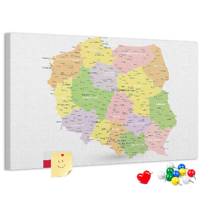 Tablica korkowa z nadrukiem Mapa Polski z podziałem administracyjnym.