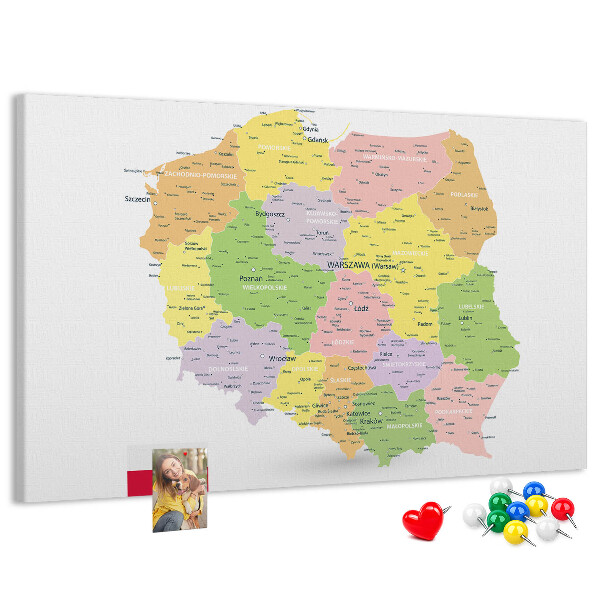 Tablica korkowa z nadrukiem Mapa Polski z podziałem administracyjnym.